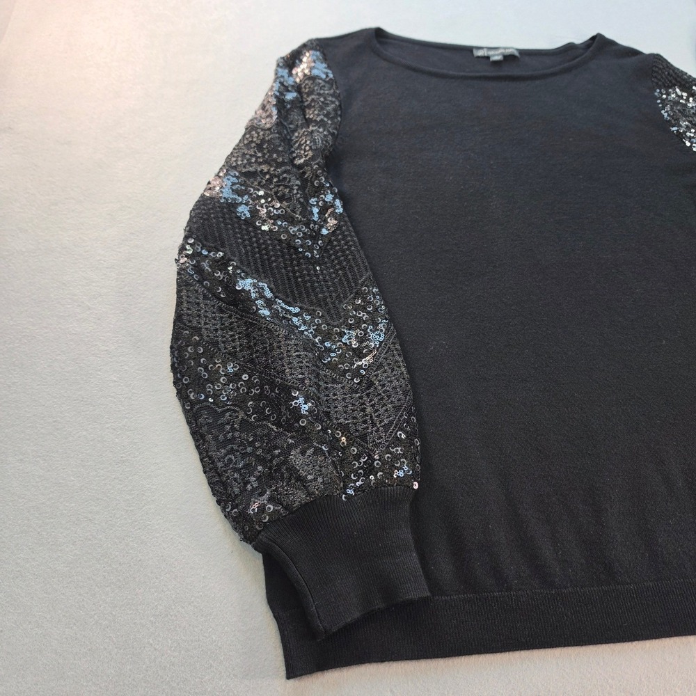 Adrianna Papell Sequin Puff Sleeve Knit Sweater Black Med Crewneck Holiday Glam